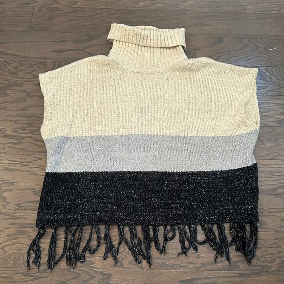 Anthropologie Sunday in Brooklyn Tan & Gray Striped Poncho W/ Fringe, Size M/L - Picture 2 of 9